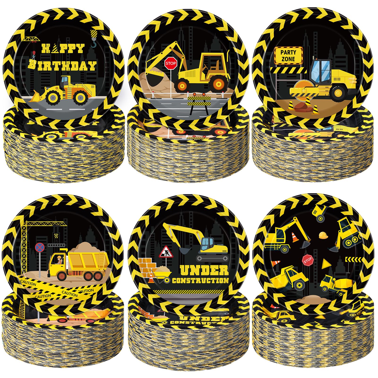 Funnymoom 60 Pcs Construction Birthday Party Decor 7 Inch Construction Cake Dessert Paper Plates Dump Truck Digger Vehicle Excavator Disposable Black
