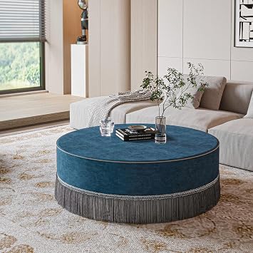 40 Inch Round Ottoman Coffee Table with Fringe Tassel, Modern Large Upholstered Ottoman Footrest Seat Cushion Center Tables for Livingroom and Bedroom Furniture,Velvet Fabric Blue Silver