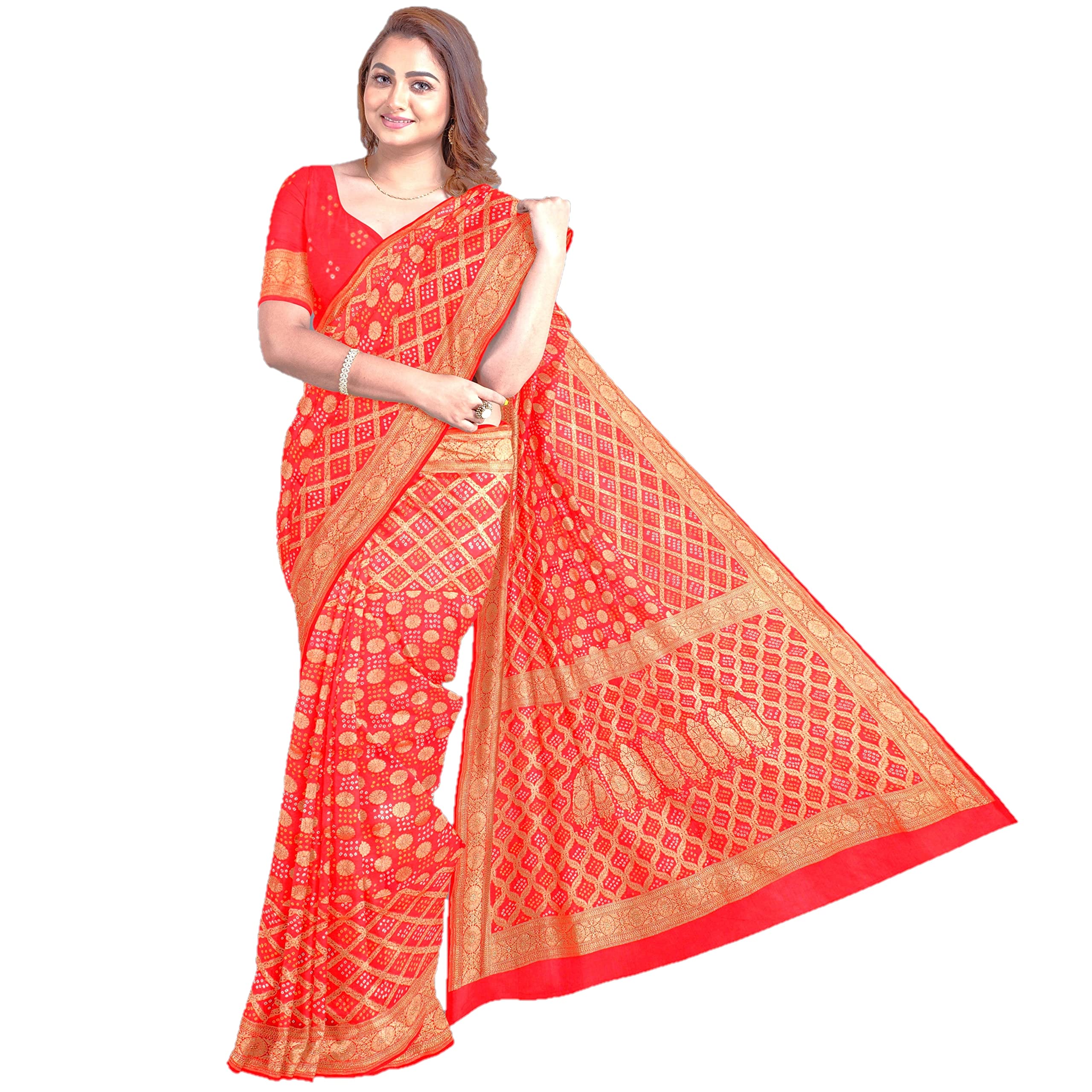 Maharani CollectionsMaharani's Pure Banarasi Georgette Bandhej Saree - Red (with Stitched Blouse & Petticoat)