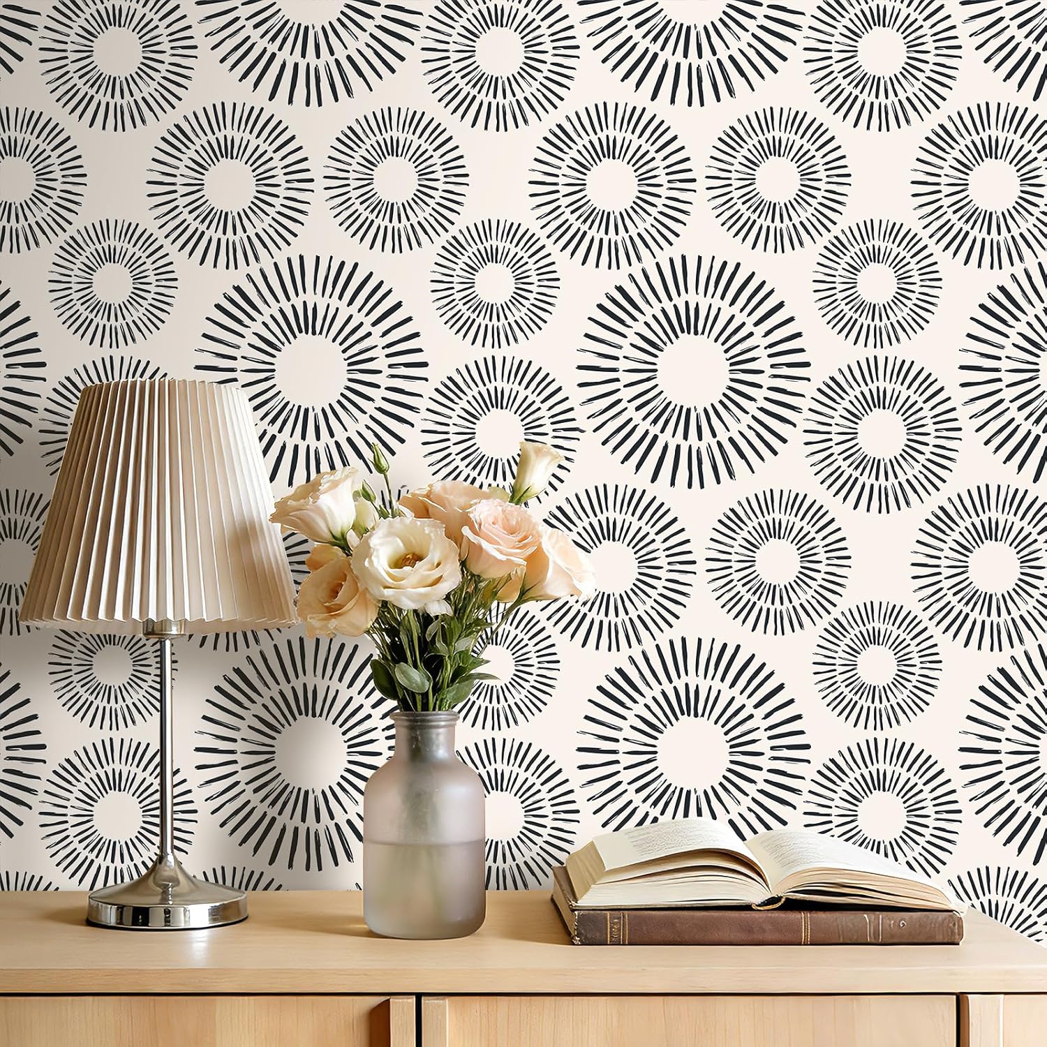 Stickyart 17.5"x276" Boho Circle Geometric Wallpaper for Wall Peel and Stick Black Cream Sunburst Wallpaper Self Adhesive Modern Abstract Brushstroke Contact Paper for Bathroom Nursery Decor