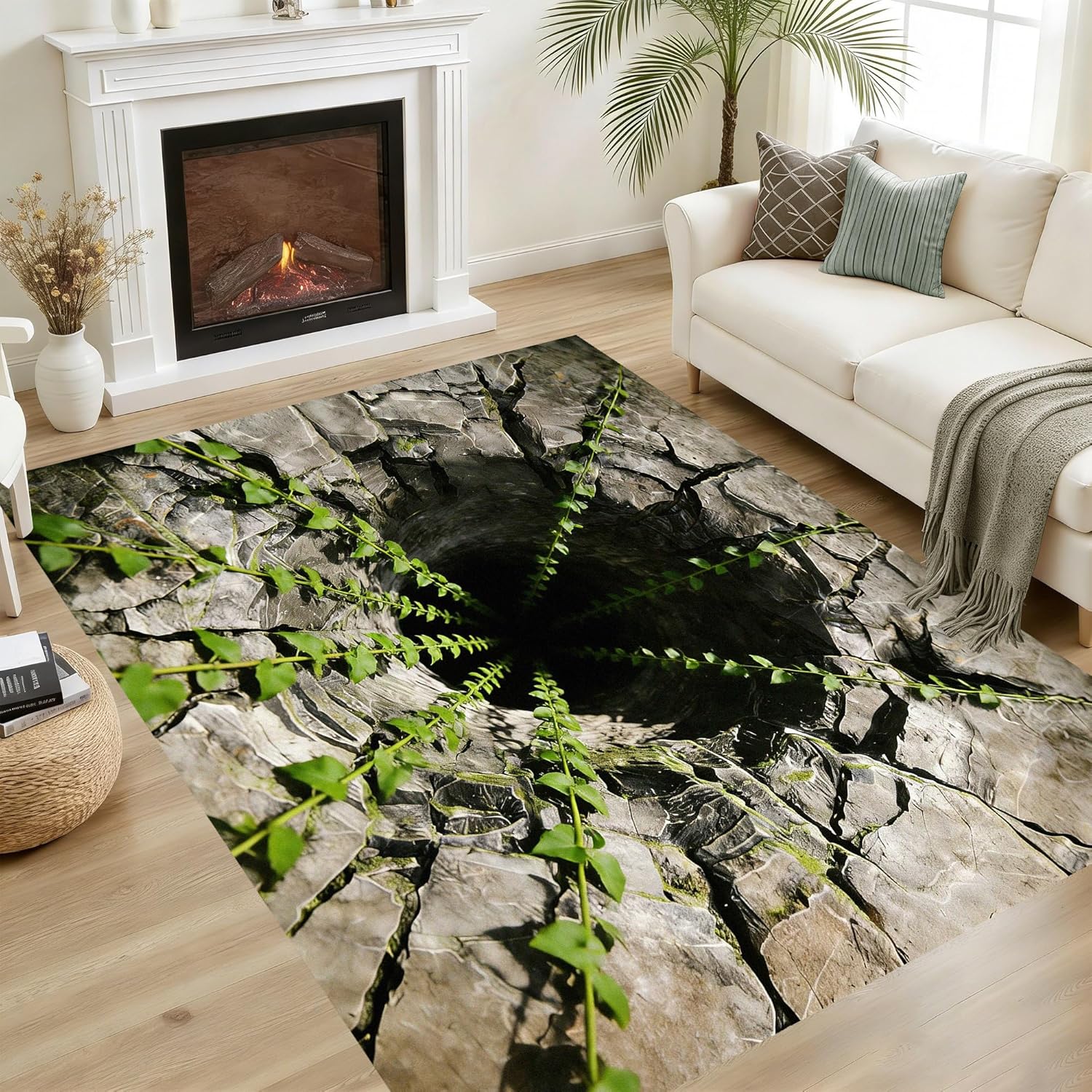 Lava 3D Illusion Rug 2'x3' for Kitchen Bathroom Entryway Non-Slip Man Cave Area Rug 3D Realistic Rock Cave Doormat Realistic Flames & Cracked Rock Floor Mat Visual Deep Pit Home Decor Rugs