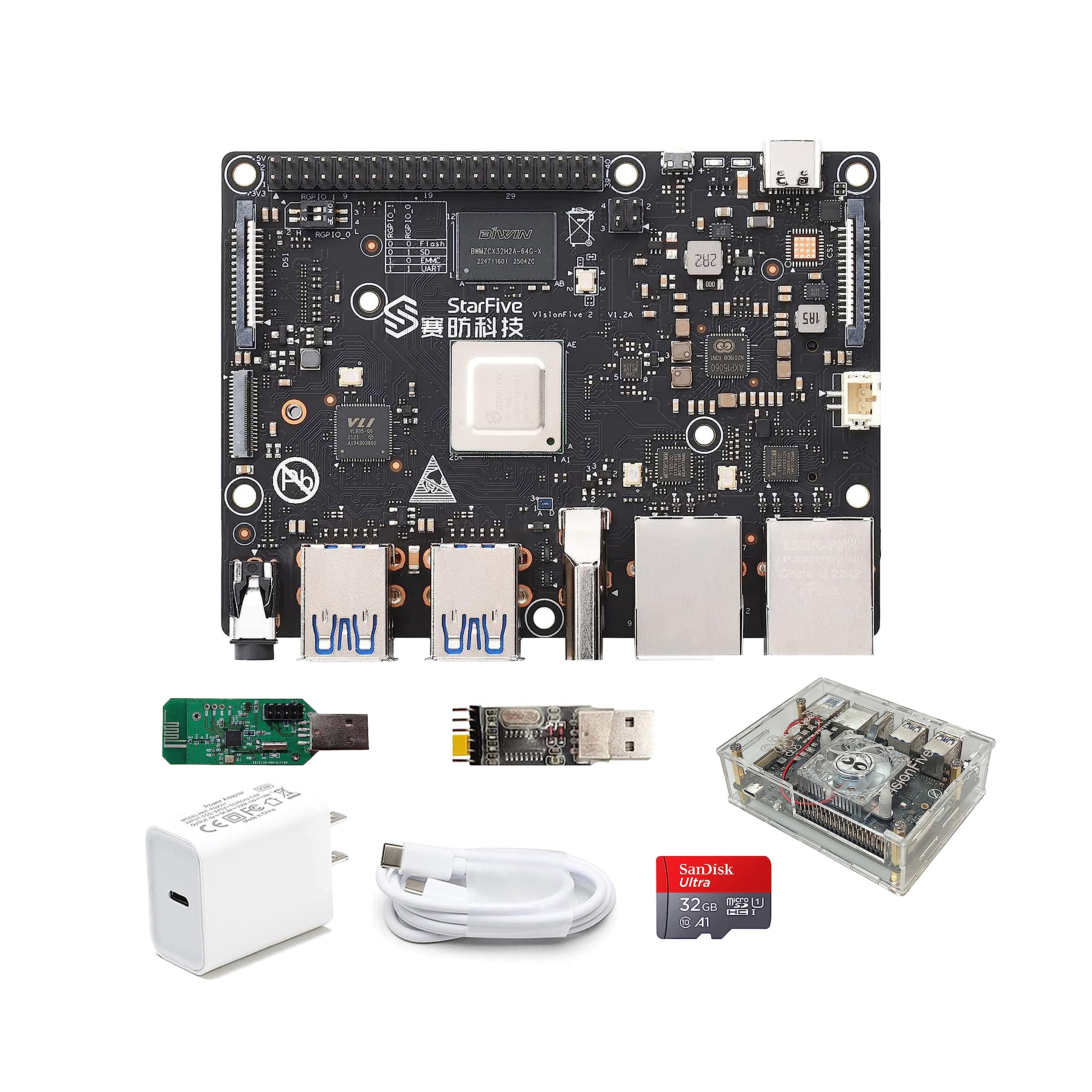 VisionFive2 Open Source RISC-V Single Board Computer, Quad-core StarFive JH7110 64-bit CPU, LPDDR4 8GB RAM 3D GPU, Dual Gigabit Network M.2 M-Key Port, Support Linux Ubuntu (with WiFi 6 Dongle)