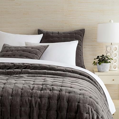 Miniatura 4 de Pine Cone Hill Vienna - Funda acolchada de pizarra de terciopelo, tamaño europeo, patrón sólido gris