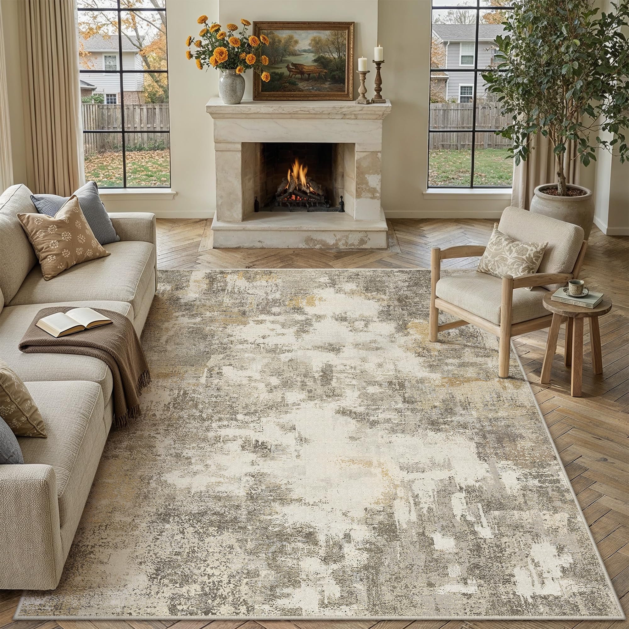 PureCozy Abstraktes Teppich Wohnzimmer 200x300cm rutschfest Kurzflor Kunstwolle Schlafzimmer Teppich Waschbar Minimalistisch Bettvorleger Teppiche Braun-Grau für Wohnzimmer Schlafzimmer Bereich Dekor