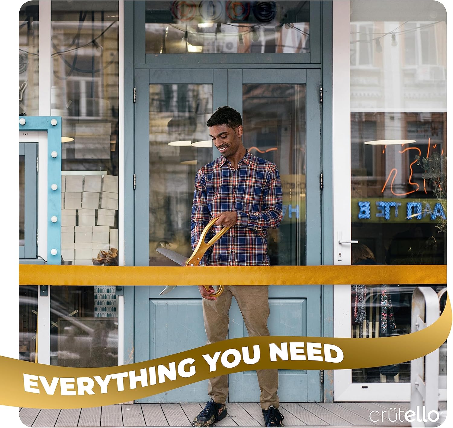 Crutello Giant Ribbon Cutting Ceremony Kit 20"Giant Scissor Set with Sharp, Gold Handled Durable XL Scissors, and 30 Feet of Oversized 4"Wide Gold Ribbon