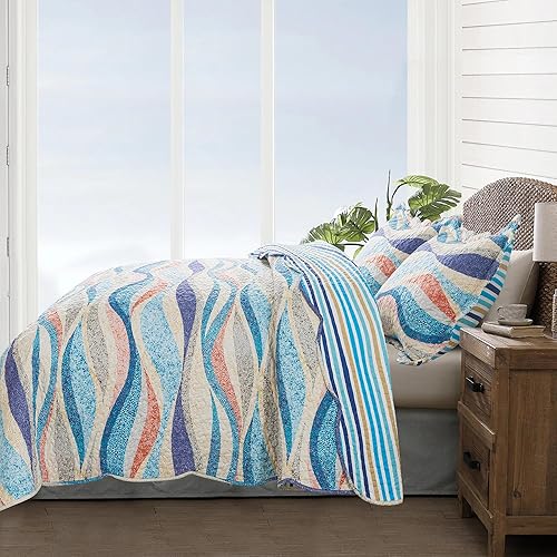 Vista 103 de NEWLAKE Juego de colcha de algodón, juego de colcha reversible de retazos, estampado real clásico turquesa, tamaño Queen Turquesa Clásico