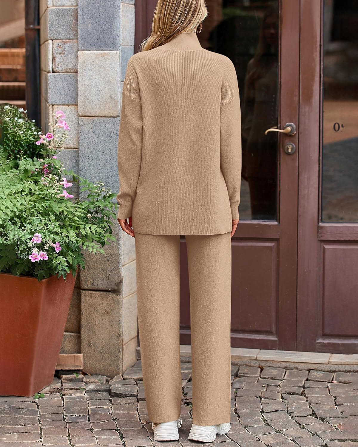 dowerme Women Spring 2 Piece Outfits 2026 Winter High Neck Sweater Sets Drawstring Wide Leg Pant Chunky Knit Lounge Set - Image 5