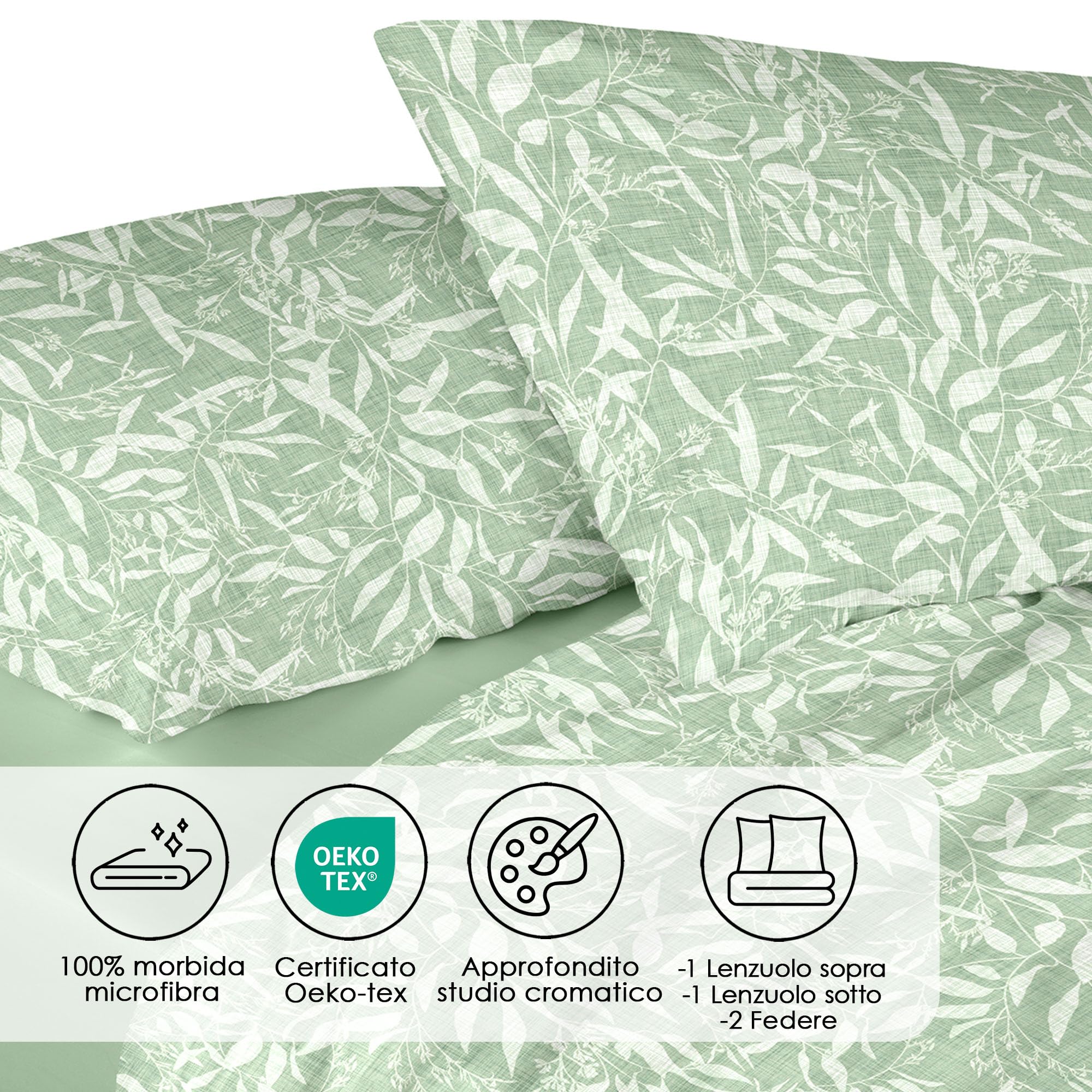 Ruggeri - Completo Letto - 100% Morbida Microfibra di Alta Qualità | 2 Federe + 1 Lenzuolo con Angoli + 1 Lenzuolo Sopra - Collezione Everyday (Foglie Verdi, Matrimoniale)