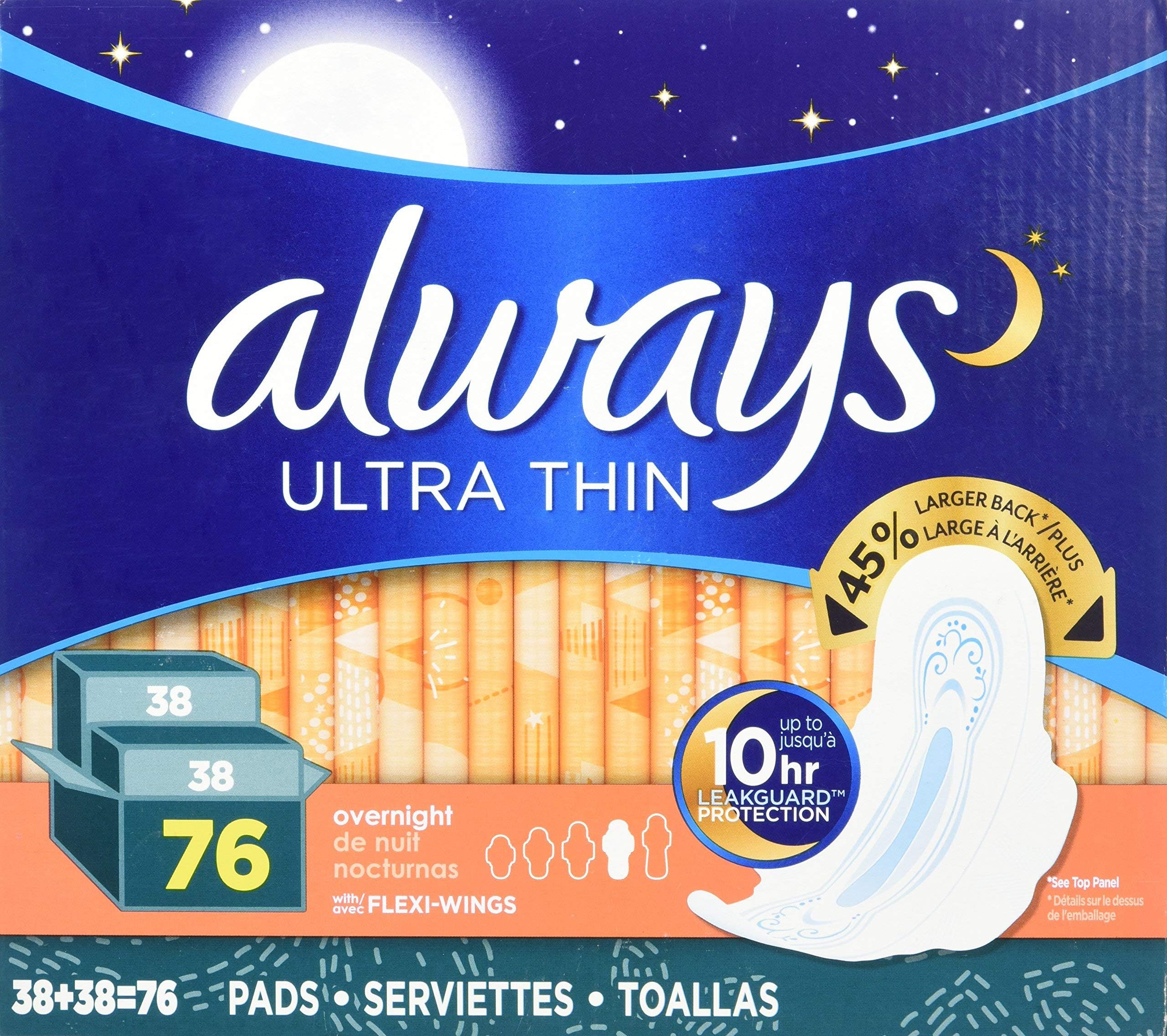 Always Ultra Thin Overnight Pads with Wings, Unscented, 76 Count