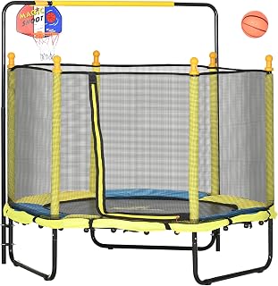 Qaba 4.6' Kids Trampoline With Basketball Hoop, Horizontal Bar, 55" Indoor Net, Small Springfree Gifts for Kids Toys, Ages 3-10