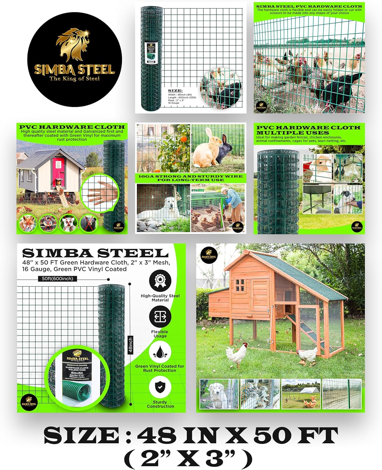 48” x 50 FT Green Hardware Cloth, 2" x 3" Mesh, 16 Gauge, Green PVC Vinyl Coated, Rust Proof, Welded Wire Mesh Roll for Garden, Fence, Chicken, Rabbit, Pet Enclosures