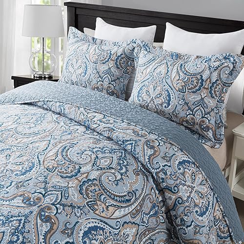 Miniatura 2 de NEWLAKE Juego de colcha de algodón, juego de colcha reversible de retazos, patrón floral gris europeo, tamaño Queen