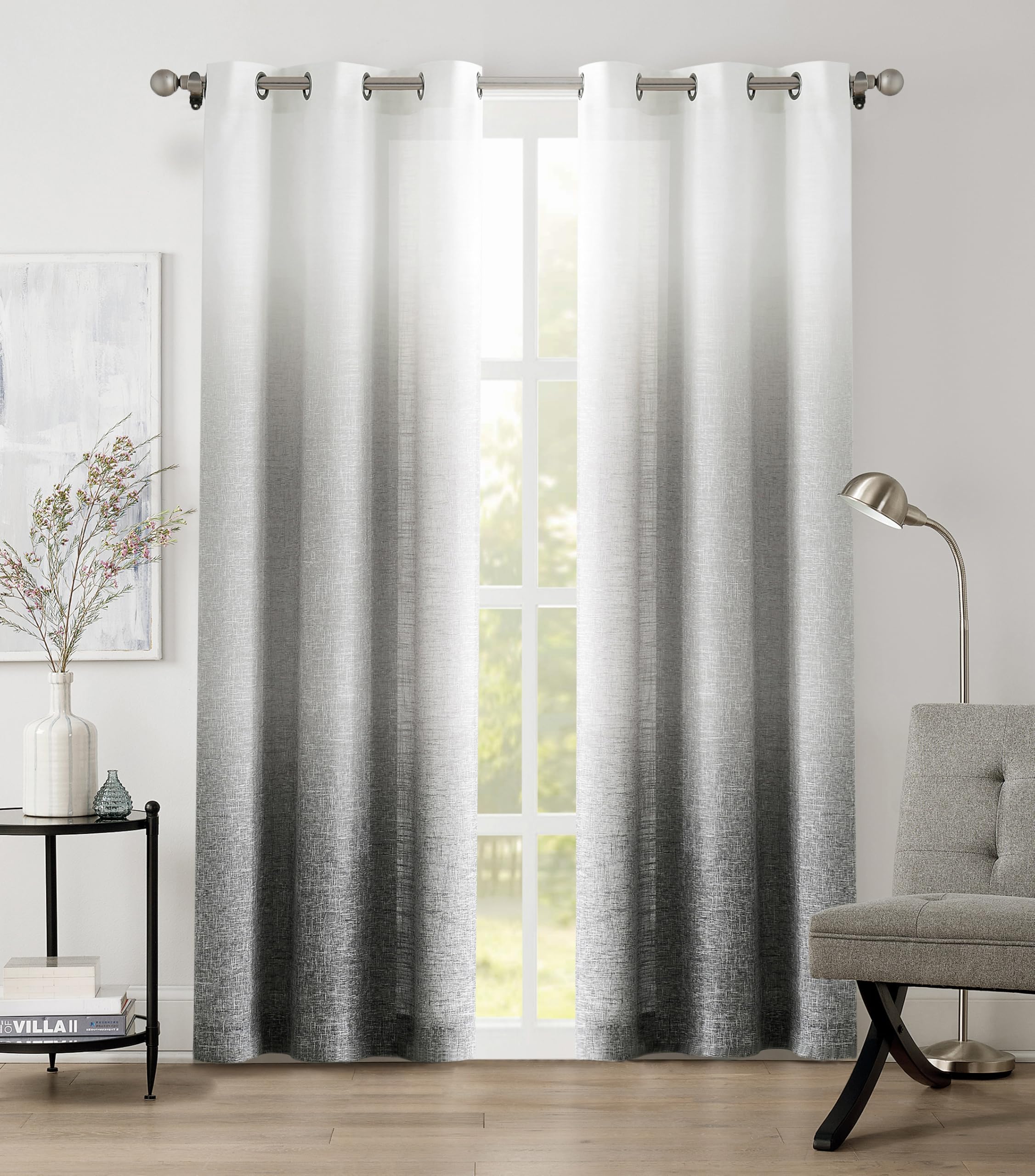Central Park Ombre Semi Sheer Curtain, Cream White to Grey, 40" Wx84 Lx2
