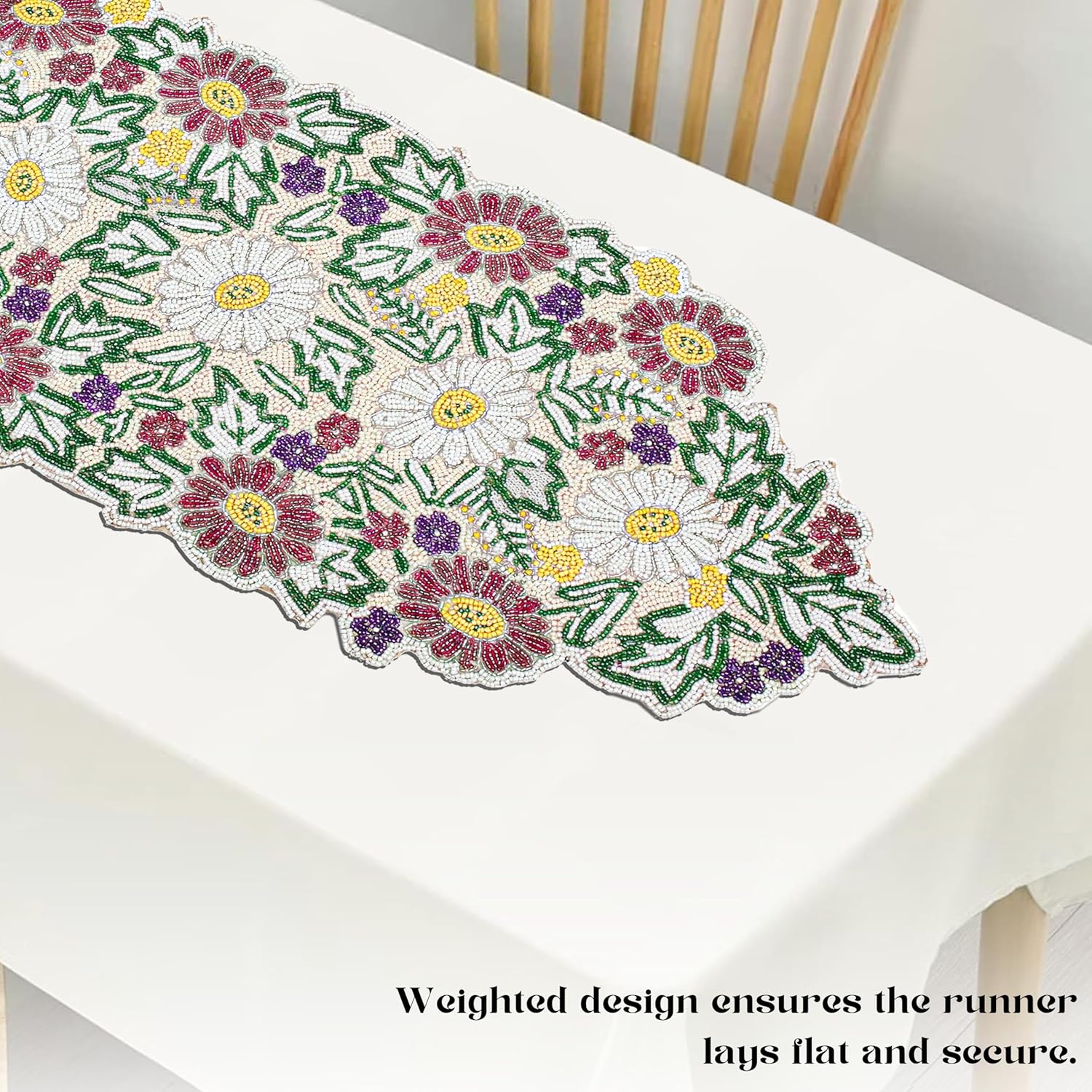 CLEENTABLE Luxury Beaded Table Runner - 13x36 Inches Handcrafted Spring Floral Design with Glass Beads & Polyester Back - Elegant Table Decor for Dining, Coffee Table & Events (Multi)
