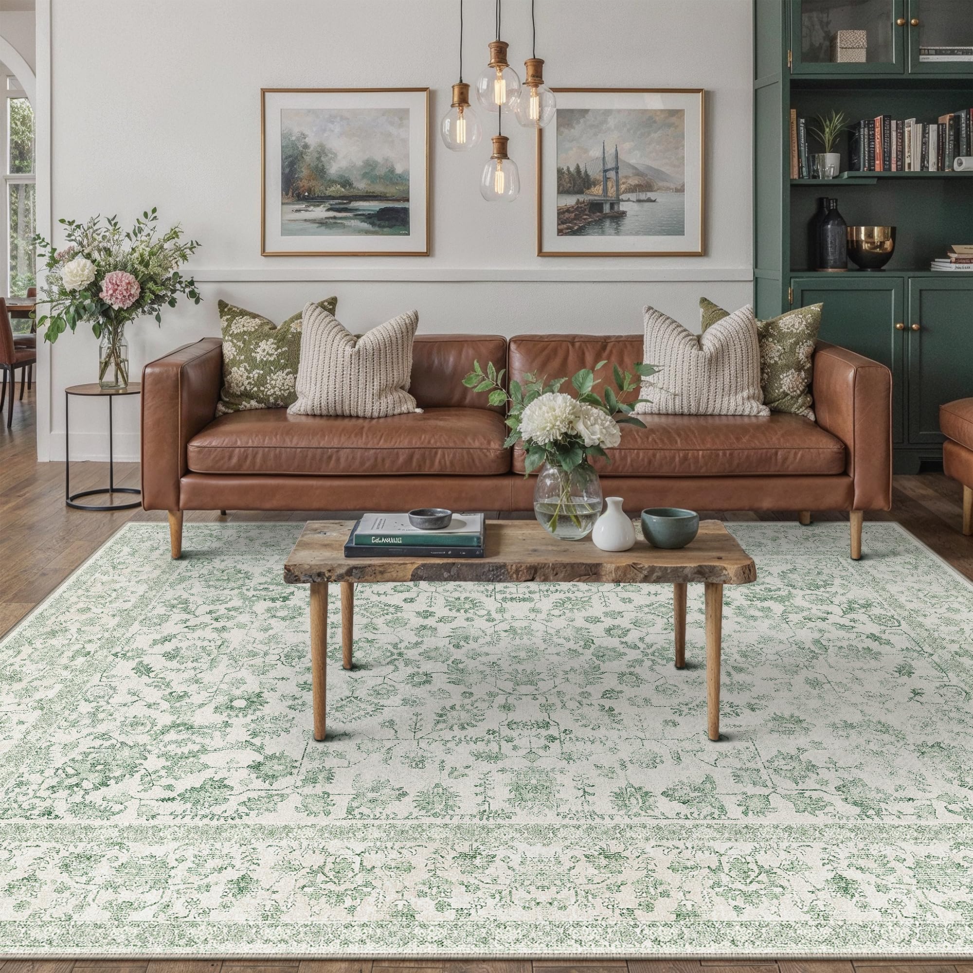 PureCozy 5x7 Green Area Rug Washable Non Slip Vintage Living Room Carpet