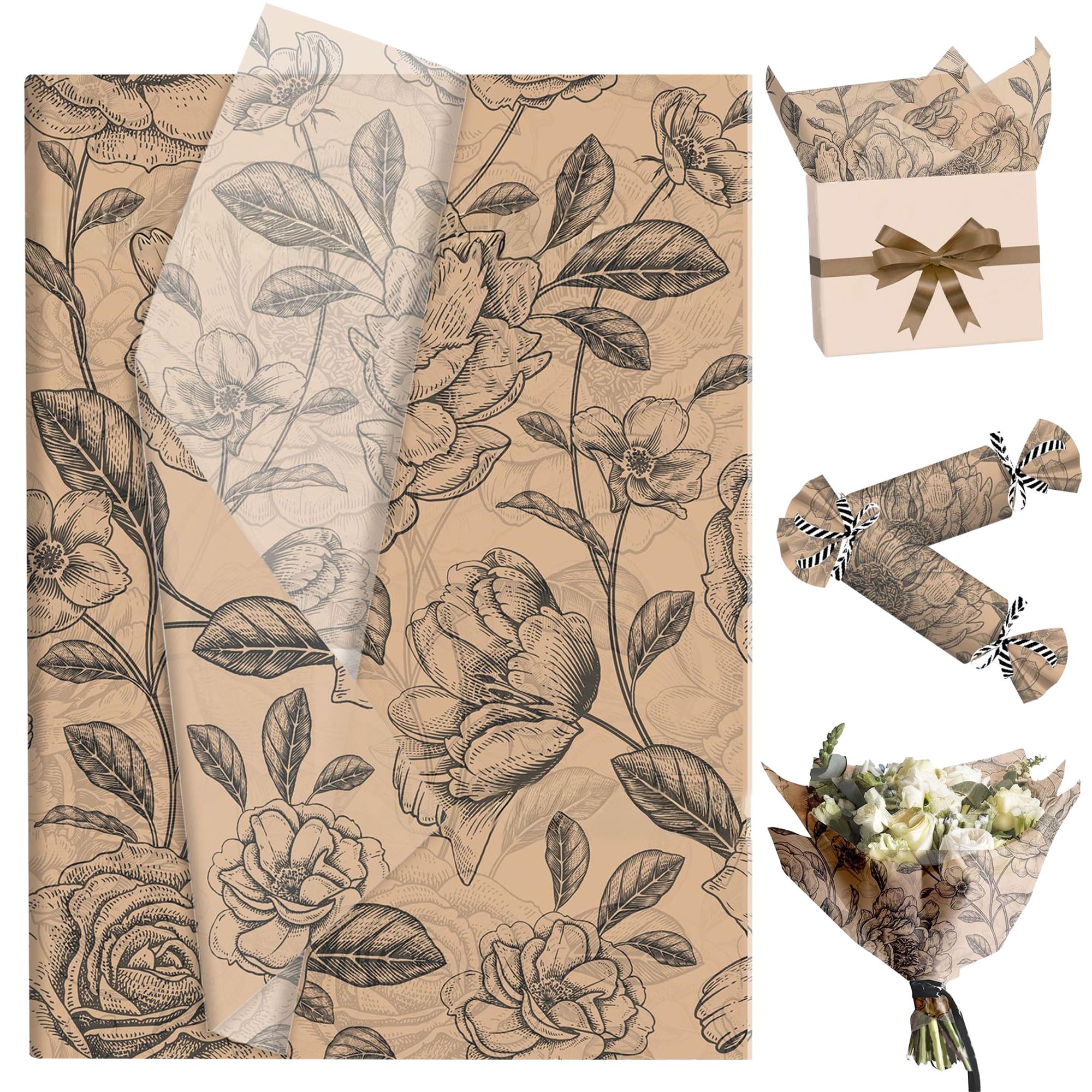LaVenty Vintage Kraft Tissue Paper Retro Floral Gift Wrapping Paper