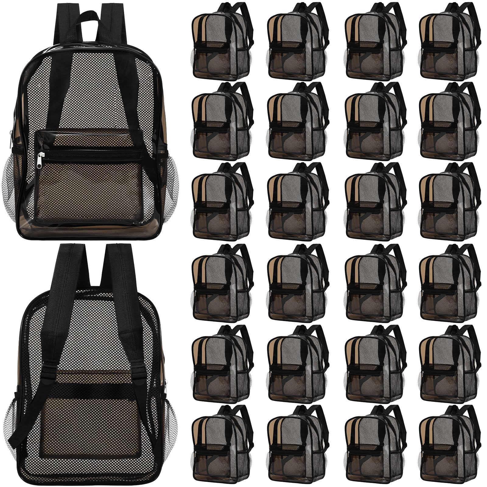 Locmeo 24 Pack Clear Backpacks Bulk Transparent Mesh Bags for Stadium Use Christmas Giveaways Teacher Employee Gifts (Black)