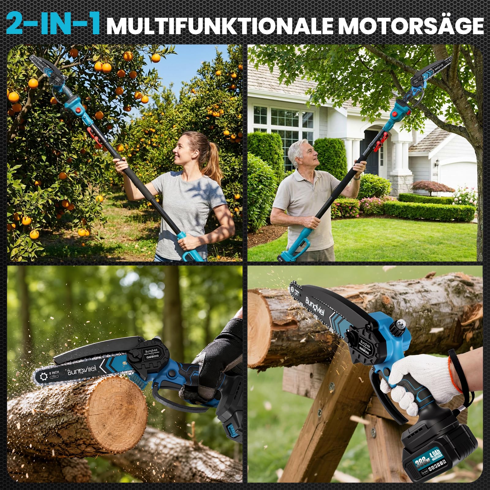 2-in-1 Akku Kettensäge Teleskop Astsäge Elektro Kettensäge Kompatibel mit Makita Akku, 8 Zoll Bürstenlos Mini Astsäge Akku, 2x4000mAh Batterien, 4,6m Arbeitshöhe, Öltank für Garten Baumschnitt