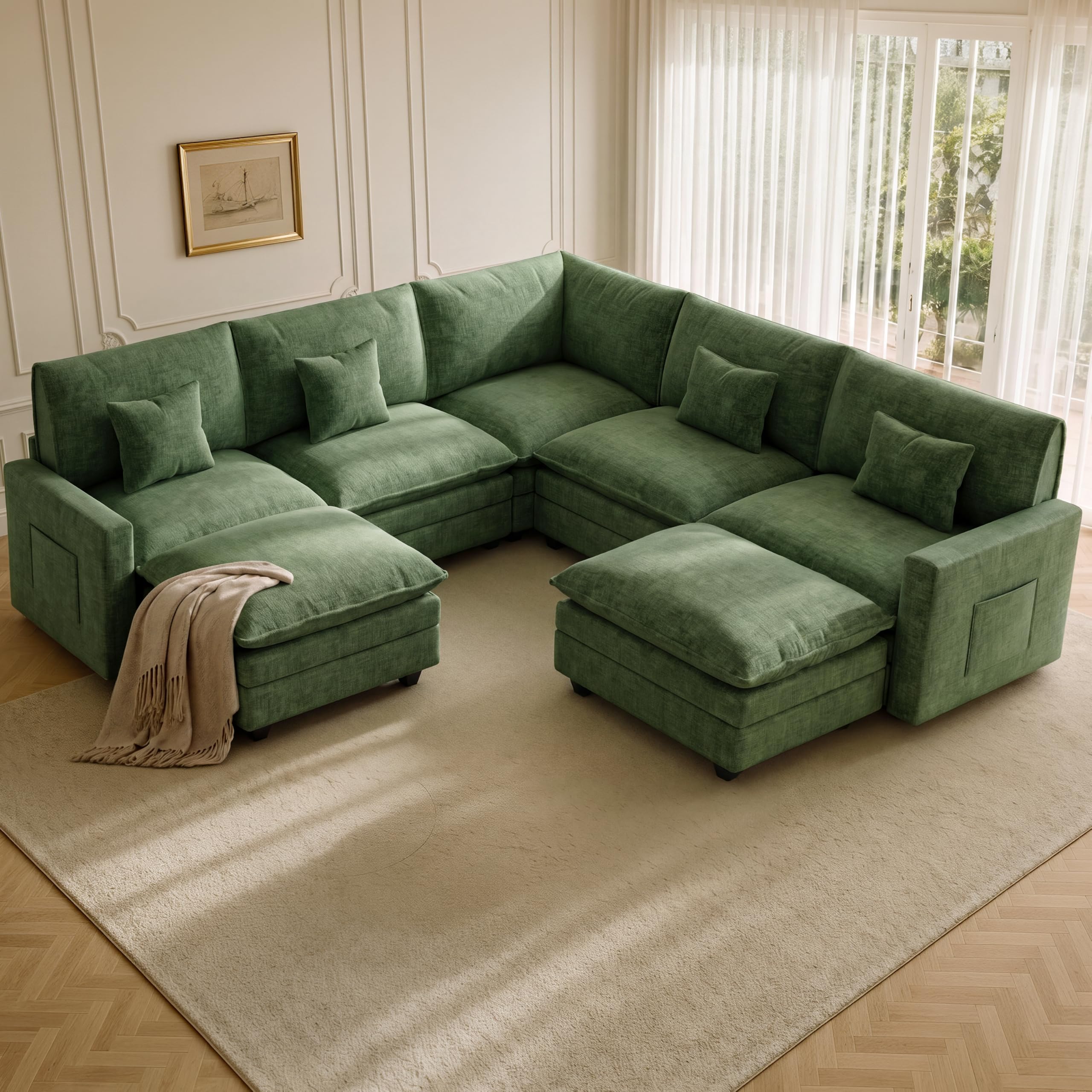 100 Inch Cloud Couch Sectional with Ottoman, Green