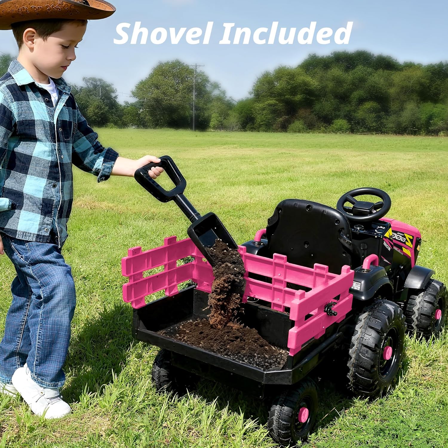 Hikiddo 24V Kids Ride on Tractor Toy, Electric Tractor for Kids 3-8 with Trailer, 2x200W Motors - Hot Pink