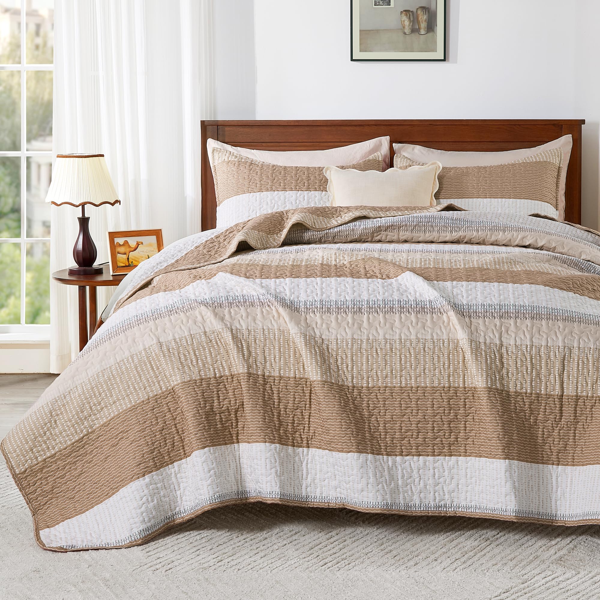 Andency Taupe Striped Quilt King(106x96Inch), 3 Pieces (1 Quilt and 2 Pillowcases) Patchwork Bedspread Coverlet Set, Soft Microfiber Quilted Bedding Set
