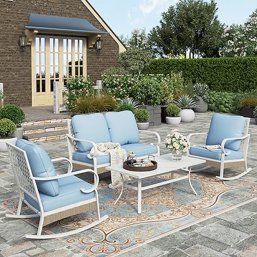 HERA'S HOUSE 4 Piece Patio Furniture Set, 2 x Rocking Cushioned Chair, 2-Seat Lover Sofa with Marbling Coffee Table, All Weather Outdoor Conversation Set for Lawn Garden Backyard