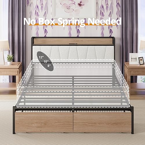 Miniatura 9 de LIKIMIO Base de cama tamaño Queen, cabecera de almacenamiento con estación de carga, cama de plataforma con cajones, no necesita somier, fácil