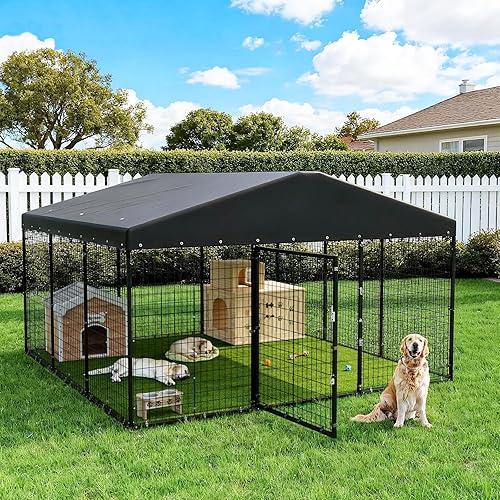 Gotland Dog Kennel Outdoor 10 x10 x6 FT, Dog Cage Outdoor for Medium/Large Dogs with Waterproof Roof Double Secure Locks Ground Spikes, All Weather Heavy Duty Dog Enclosure for Backyard Farm Ranch
