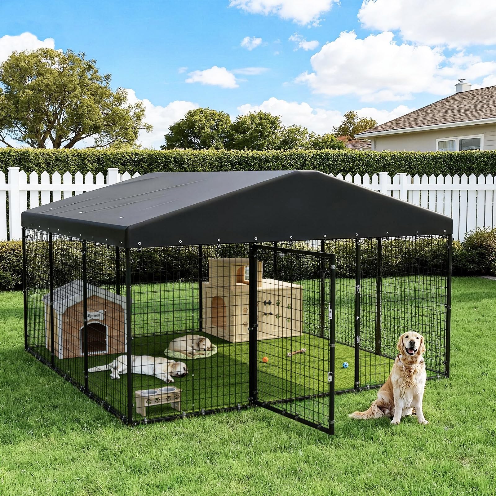 Gotland Dog Kennel Outdoor 10 x10 x6 FT, Dog Cage Outdoor for Medium/Large Dogs with Waterproof Roof Double Secure Locks Ground Spikes, All Weather Heavy Duty Dog Enclosure for Backyard Farm Ranch