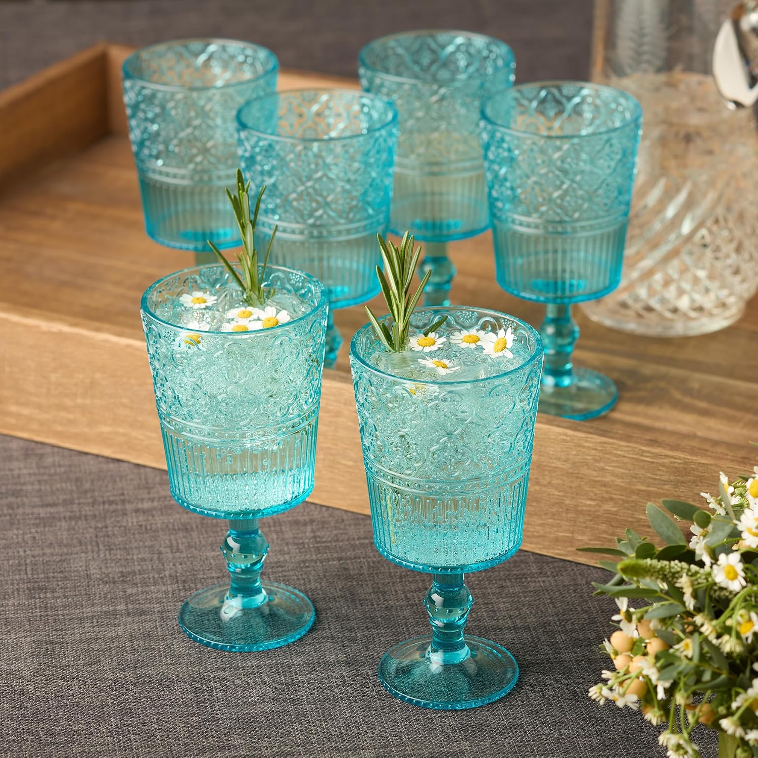 Victoria Aqua Set of 6 Premium Acrylic All Purpose Goblet 3.5x3.5x7 14oz – Unbreakable Drinkware with Elegant Embossed Design, Perfect for Everyday Use & Entertaining