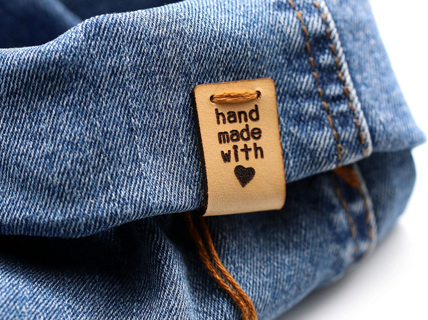 Folding Handmade Leather Labels HMI "Hand Made with Love" - Exclusive Engraved Genuine Italian Leather Tags (Standard Text - 30 Pieces)