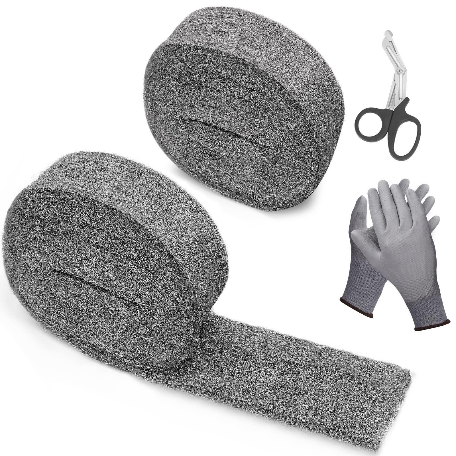 iunioWire Wool, 2 Pack Steel Wool Mice Blocker with Gloves & Scissors, WireWool Mice for Cleaning, 0000 Steel Wool for Polishing, Rodent Control Hole Filler Wall, Kitchen, Ceiling, Garden, Attic