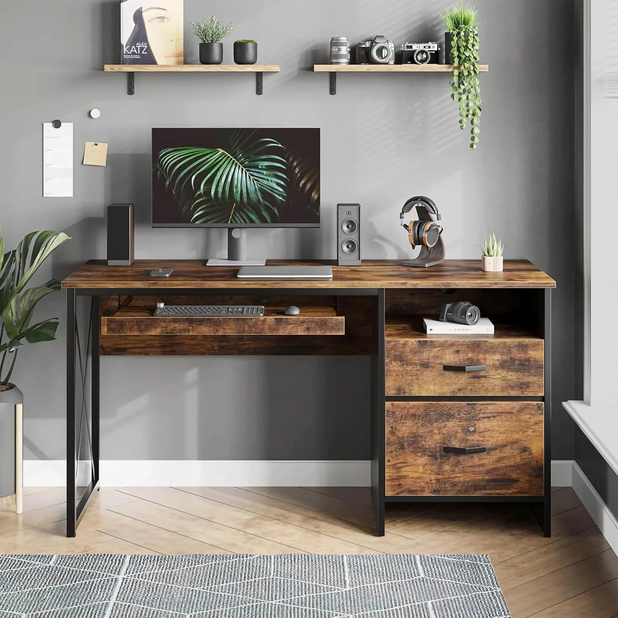 TEKAVO Office Table with Drawer, Brown, 75 x 140 x 55 CM - Image 1