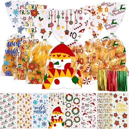 Miniatura 5 de DULEFUN 160 bolsas de celofán de Navidad, 8 estilos, transparentes para dulces, galletas, golosinas, bolsas de celofán con lazos giratorios para