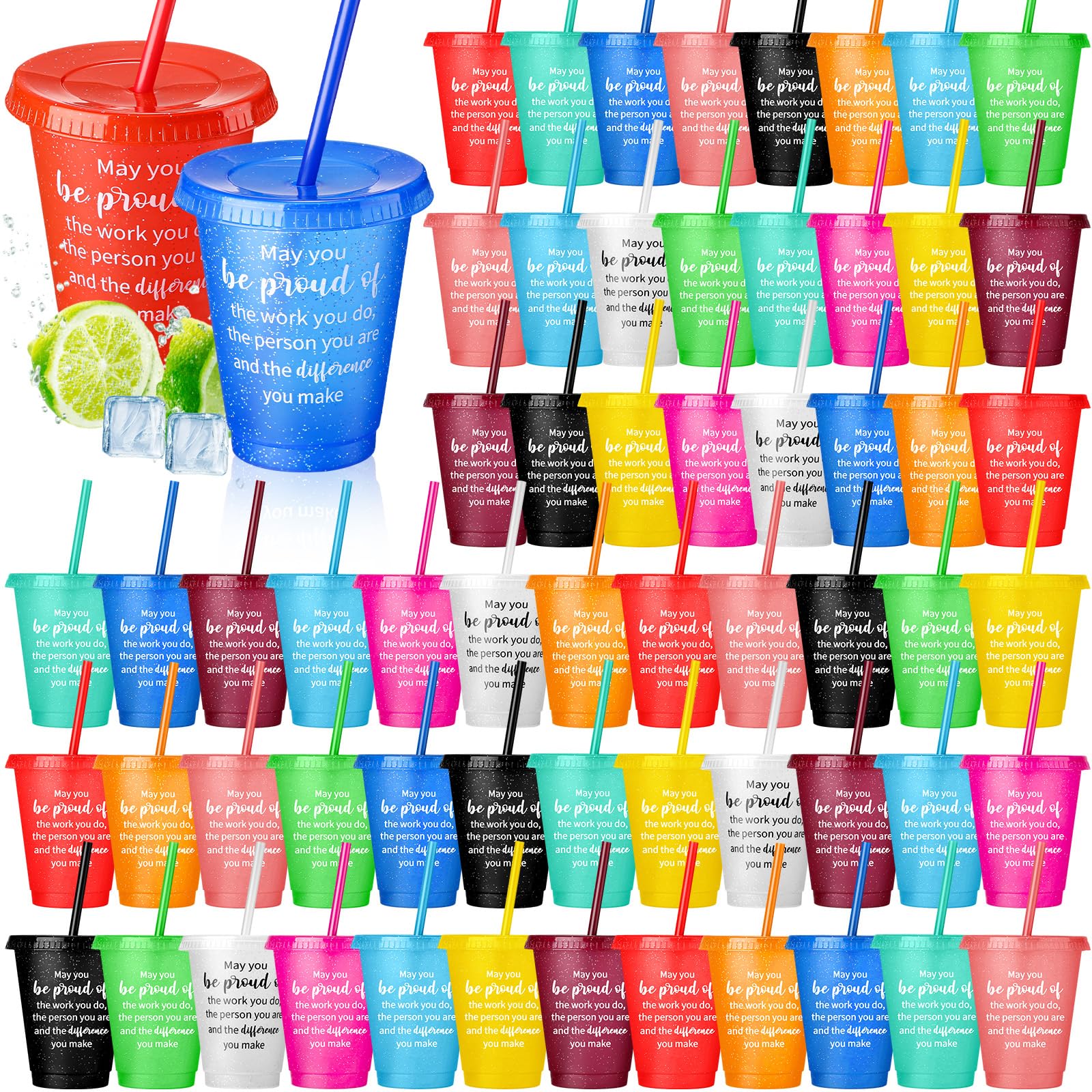 Domensi 60 Pcs 120 Pcs Employee Appreciation Tumbler Gifts Bulk 17oz Thank You Gift Plastic Cups with Lids Straws Colorful Reusable Inspirational Cups