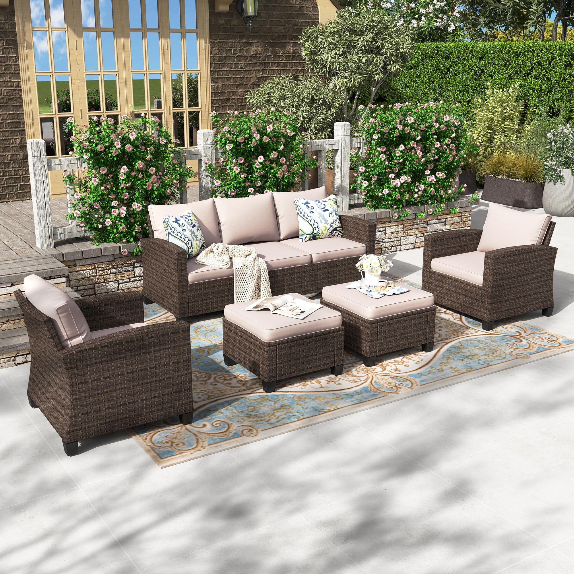 PHI VILLA Gartenmöbel Set Balkonmöbel 5 Stück, Rattan Lounge Möbel Outdoor Gartenlounge Set 7-Sitzer, Terrassenmöbel Modulare Möbel mit Verstärkten Kissen, Beige