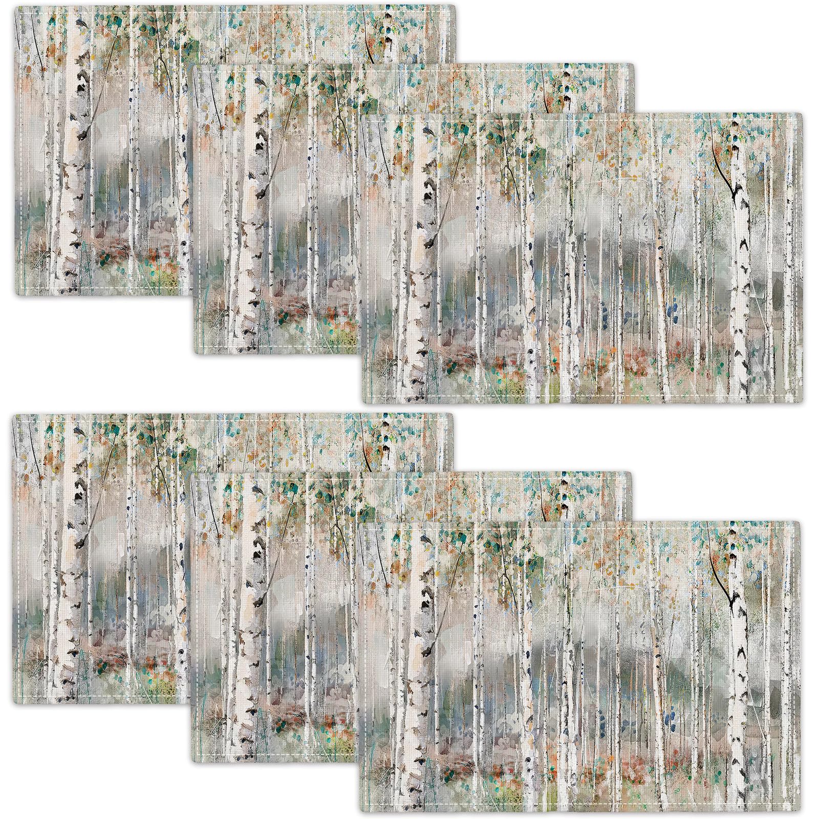 Tijuboni Birch Tree Placemats Set Of 6 Nature Forest Table Mats Washable Place Mats For Home Party Indoor Kitchen Dining Table Decoration 12X18 Inch