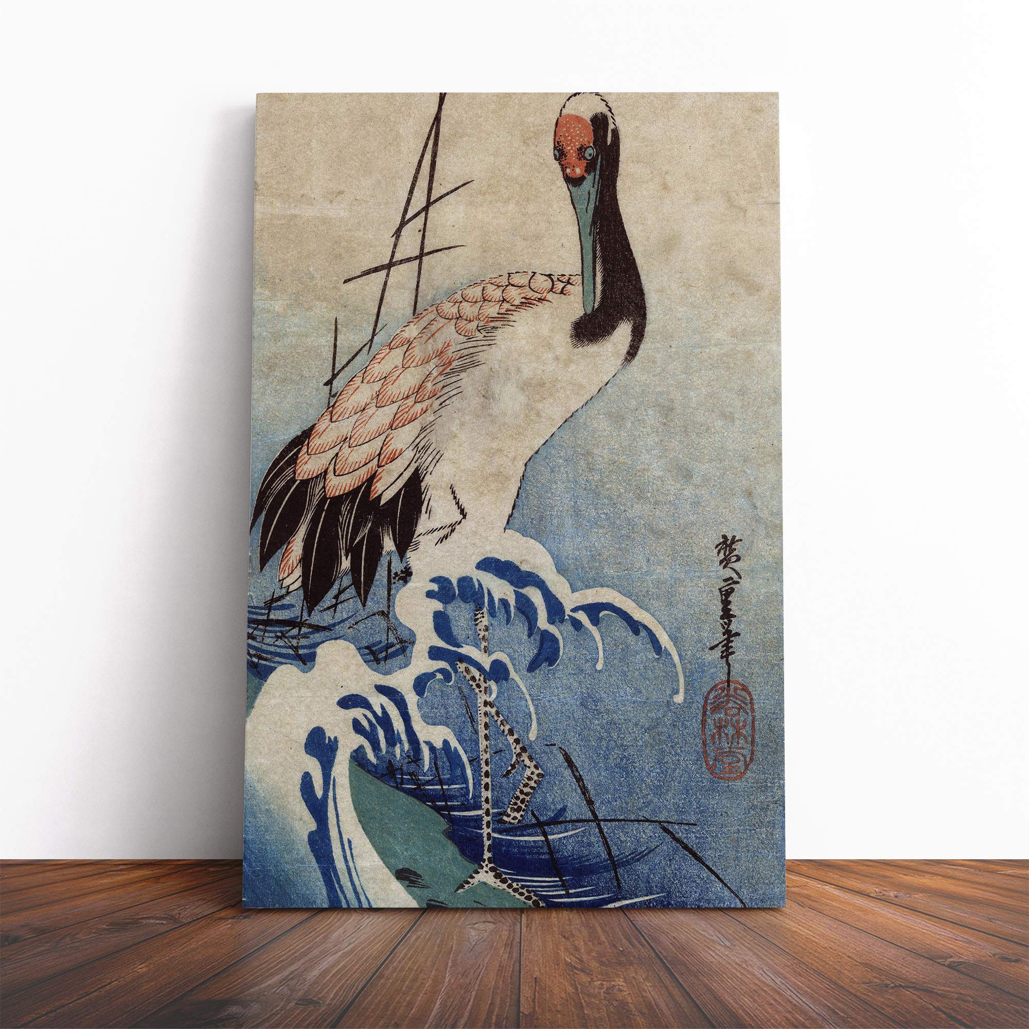 Hiroshige Japanese Oriental Crane in Waves Canvas Print | Gallery Wrapped 30mm Frame Wall Art | 20x14 inches | Ready to Hang | Asian Seascape Picture | Living Room Bedroom Lounge Office