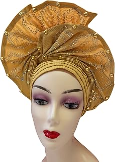 Luxury Nigerian Headtie Already Made African Headtie Women Headbands Head Wrap Headties Femme Headscarf Headgear Sewing Fabric For Party (Gold)