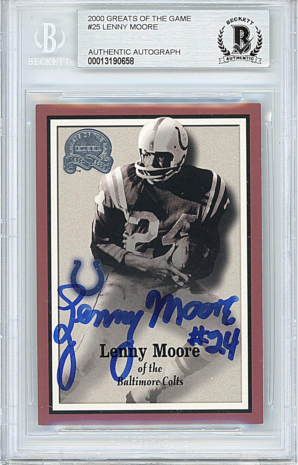 Lenny Moore Autographed 2000 Fleer Greats of the Game #25 Football Trading Card Slab Beckett BAS Authentic Slabbed COA Played For Baltimore Colts NFL