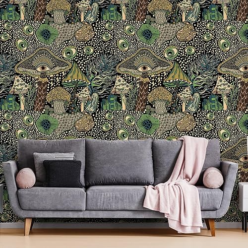 Miniatura 9 de WENMER Papel tapiz de hongos bohemio con diseño floral para despegar y pegar, papel de contacto autoadhesivo para dormitorio y baño, 17.7 pulgadas x