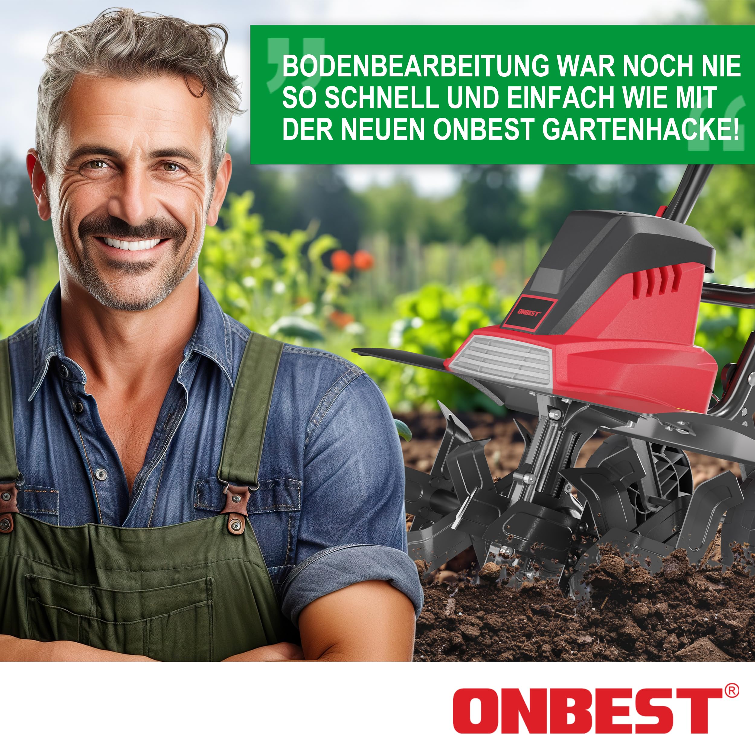 ONBEST Elektro Gartenfräse – 45 cm Arbeitsbreite – 1500 Watt Motor – 24 Messer – elektrische Bodenhacke Motorhacke – Gartenhacke – Kultivator – zum umgraben und auflockern vom Boden