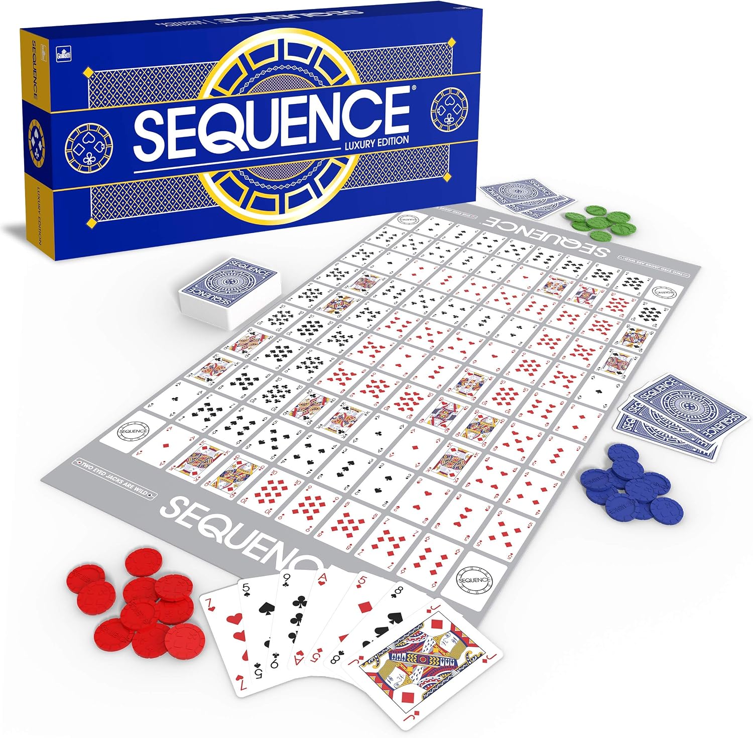 Sequence Luxury Edition - Stunning Set with Deluxe, Cushioned, Roll-Flat Game Mat - Amazon Exclusive by Goliath , Blue, 2-12 players
