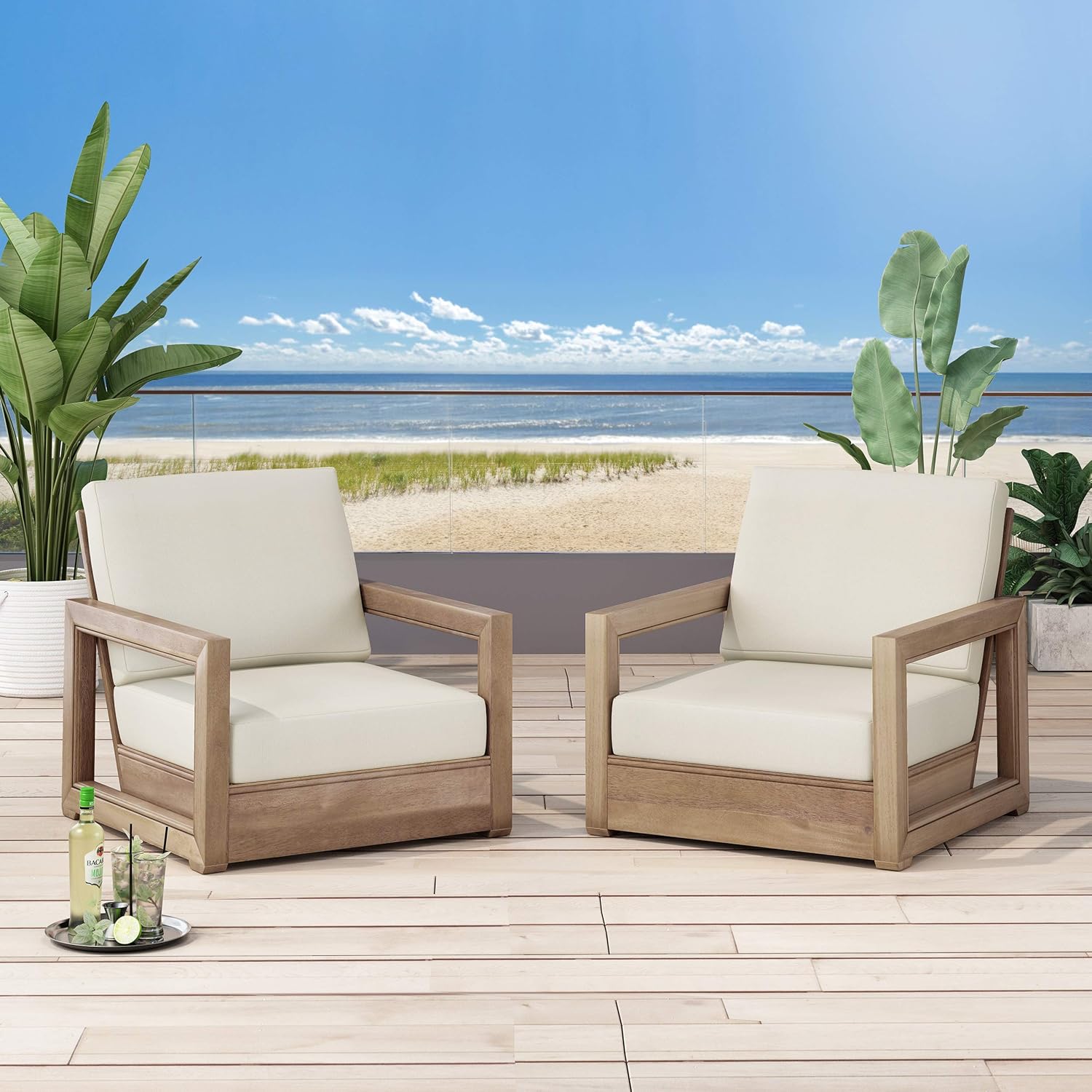 Christopher Knight Home Wesley Outdoor Acacia Wood Club Chairs (Set of 2), Brown and Beige