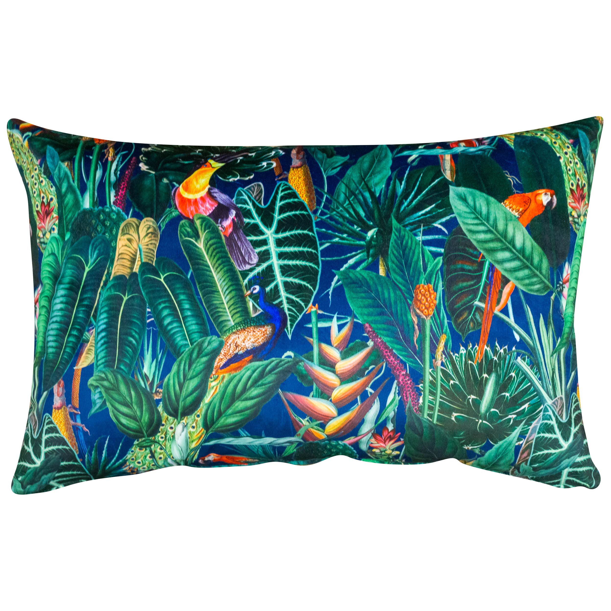 Linen Loft Lima Jungle Birds Velvet XL Rectangular Cushion Cover. Tropical Peacocks & Jeweled Green Rainforest. Backed With a Plain Navy Velvet. 23x15 XL Rectangle Cover Only.