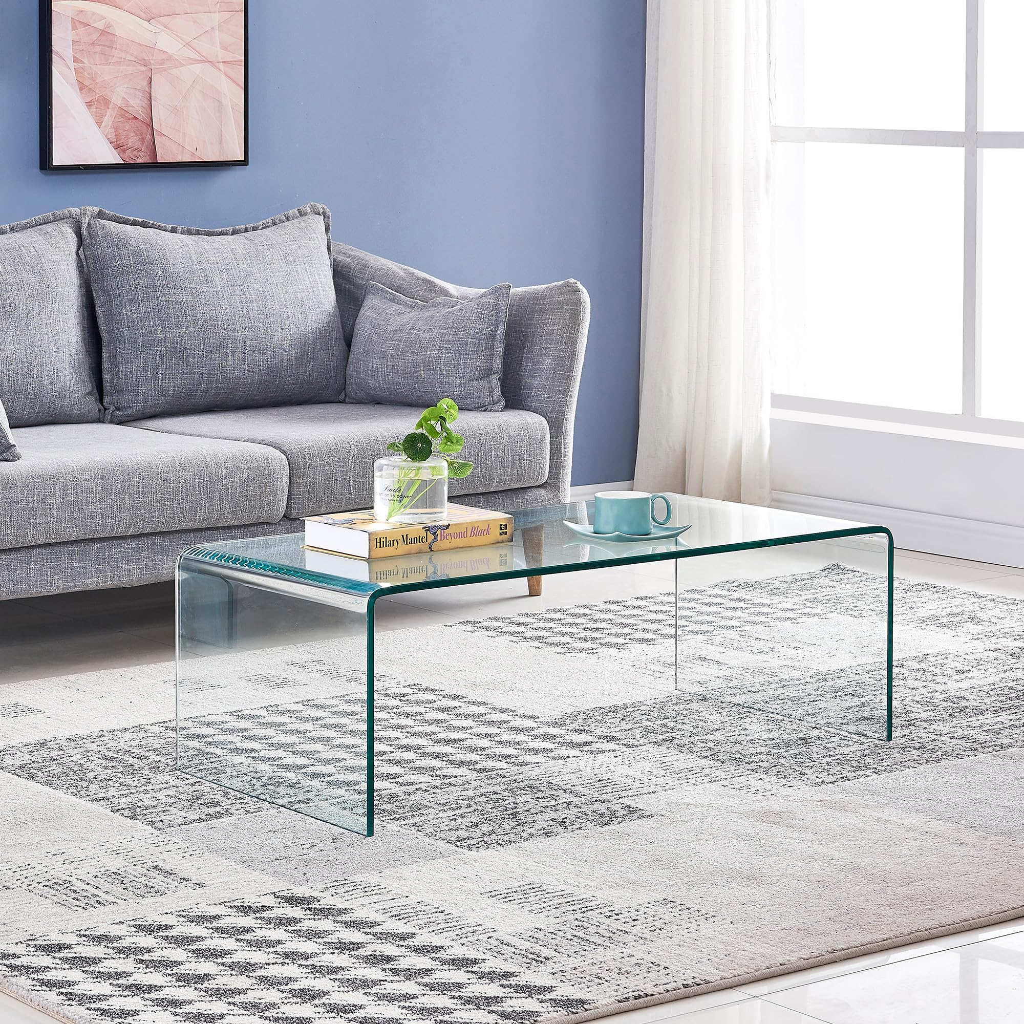 SMARTIK Glass Coffee Table, Small Clear Modern Coffee Tables with Rounded Edg...