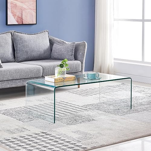 Tempered Glass Coffee Table, Small Clear Modern Coffee Tables with Rounded Edges Bent Home Office Furniture,Glass Sofa End Table 39.4" x 19.7" x 13.8"H