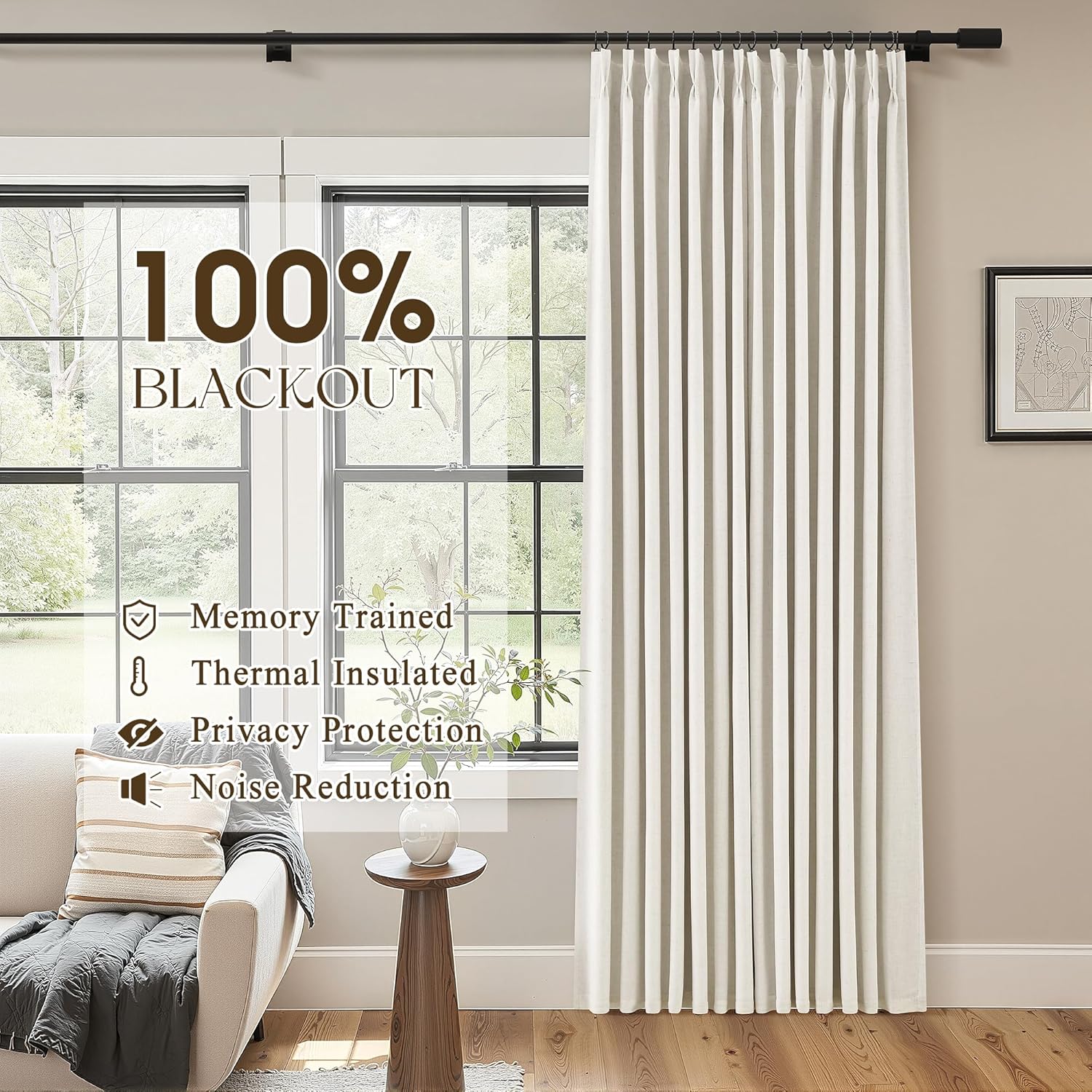 102 Inches Long Pinch Pleated Blackout Linen Curtains for Bedroom 2 Panels Set, Back Tab Track Memory Trained Shape Light Blocking Curtains for Living Room Dining Darkening Drapes Natural Cream