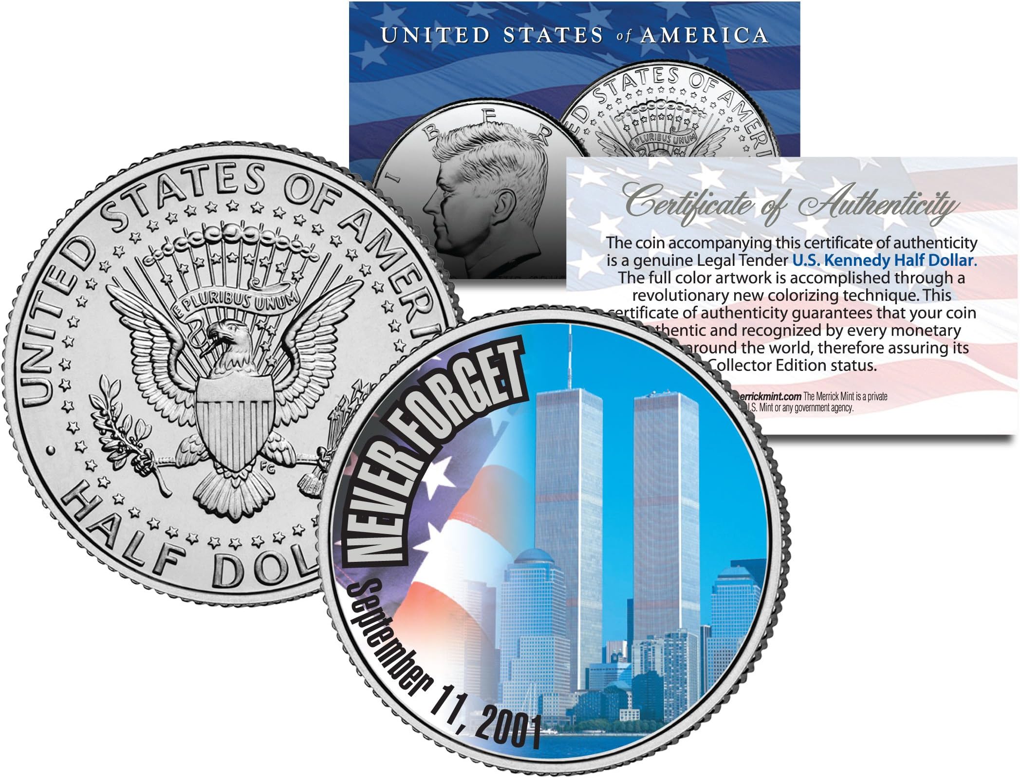 World Trade Center 9/11 Colorized 2001 JFK Half Dollar U.S. First Ever WTC Coin