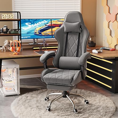 Miniatura 7 de Furmax Silla para videojuegos, silla de videojuegos con reposapiés y soporte lumbar de masaje, asiento giratorio de tela transpirable, silla de